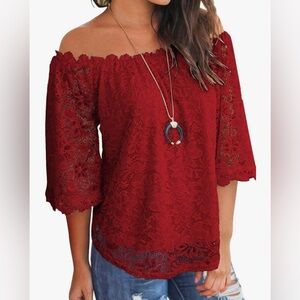 MIHOLL Women's Lace Off Shoulder Tops Casual Loose Blouse Shirts